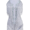 White Sparkle Rhinestone Bodysuit For Women Drag Queen Outfit Fringe Dance Costumes XS
