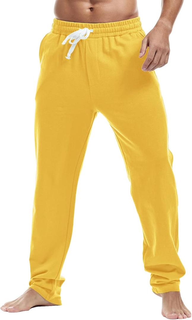 AMY COULEE Mens Cotton Athletic Pants Open Bottom Running Sweatpants Straight Leg Casual Joggers with Pockets (Large, Yellow)