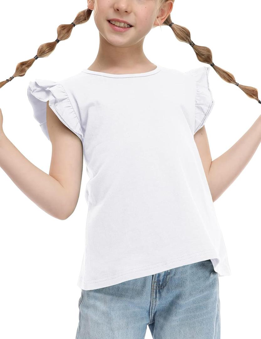Girls T Shirts Ruffle Shrit Plain Blank Tank Tops Short Sleeve Cotton Tshirts Basic Blouse, 140