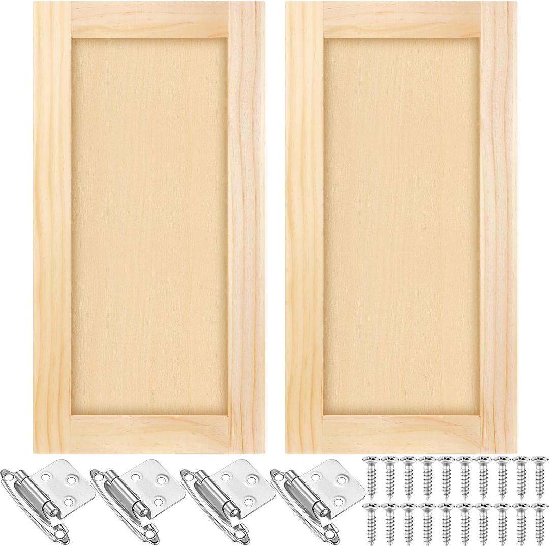 2 Pcs 12'' W x 24'' H Unfinished Pine Kitchen Cabinet Door Replacement with 4 Pcs Cabinet Hinges Wood Shaker Door Front Replacement for Kitchen, Bathroom, Vanity
