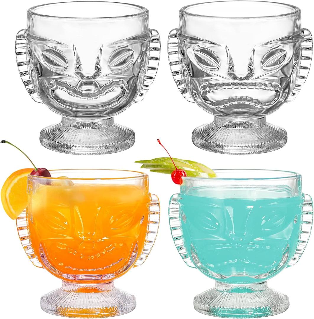 TOPZEA 4 Pack Tiki Glasses, 14 oz Clear Tiki Mug Set Modern Bar Cocktail Glass, Hawaiian Luau Party Mugs Drinkware Beverage Drink Cups for Exotic Cocktail, Mai Tai, Pina Colada, Punch