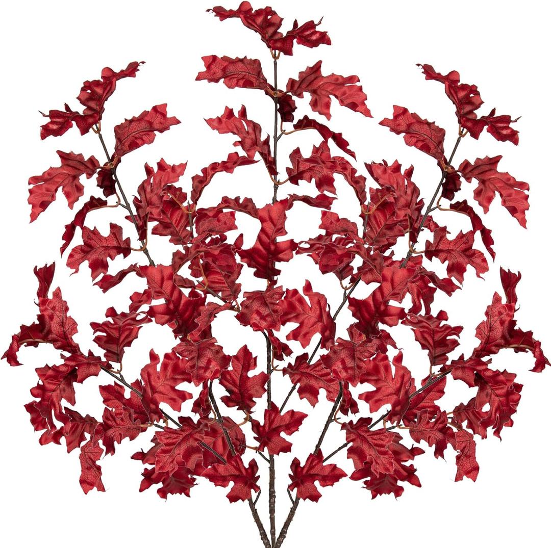 Fall Leaves Stems 34.3 Inch Long Artificial Oak Faux Fall Leaves Oak Fall Stems for Table Centerpiece Porch Vase Basket Bouquet Party Home Autumn Festival Thanksgiving Decor (Red)