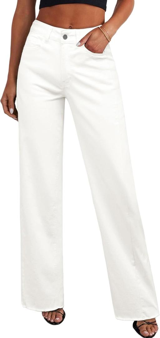 PRETTYGARDEN Wide Leg Jeans for Women Trendy High Waisted Stretchy Baggy Raw Hem Denim Palazzo Pants 2026 Spring Fall Clothes, White, 16