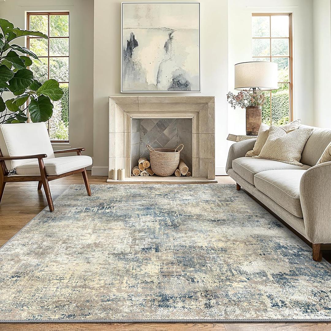 GENIMO Washable Area Rugs for Living Room, 10x12 Modern Non Slip Rugs, Low Pile Lightweight Soft Print Rug for Bedroom, Dining Room, Home Office, Blue Grey Beige