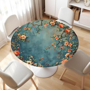 Pardick Vintage Ethnic Flower Round Fitted Tablecloth with Elastic Edge, 36" - 42" Round Table, Polyester, Waterproof & Oil Resistant, Easy to Clean