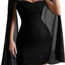 Women's Sequin Cloak Sleeve Dress Mock Neck Cocktail Long Flowy Sleeves for Going Out Formal Prom Party (Large, Black)