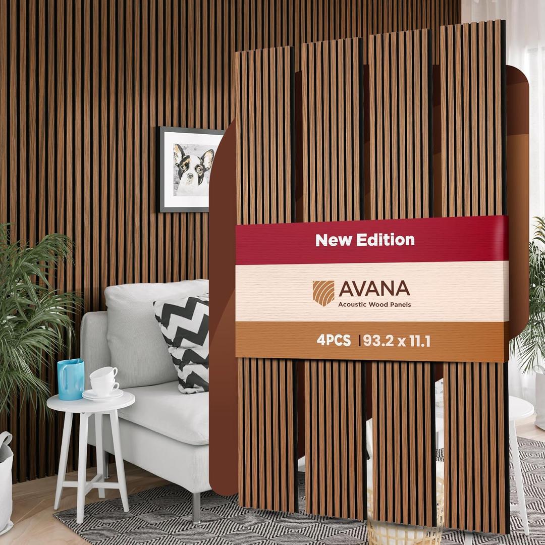 Avana Acoustic Wood Wall Panels  93.2x11.25 Inch Panels  Fits 94x12 Layout  Rustic Walnut Acoustic Panels 4 PCs Wall Panels For Interior Wall Decor For Homes, Offices  Durable Wood Panel For Wall