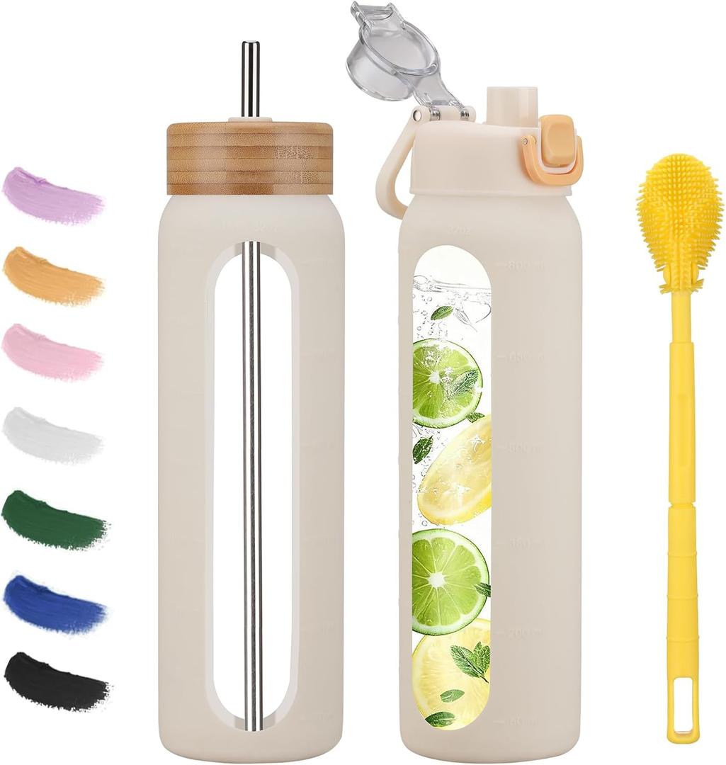 32 oz glass water bottle - 1 Litter Motivational Tumbler With Time Marker - Borosilicate Glass Water Bottles With Silicone Sleeve and 2 Lids - Handle Spout Lid & Bamboo Straw Lid (White)