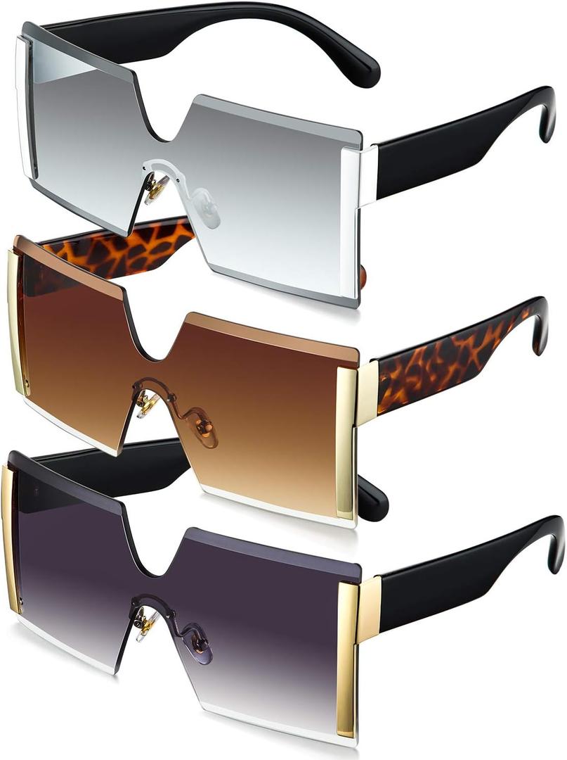Frienda 3 Pieces Oversized Square Sunglasses for Women Trendy Fashion Rimless Frame Glasses Transparent Eyewear (Gray, Silver, Brown)