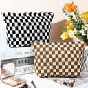 SOIDRAM 2 Pieces Makeup Bag Large Checkered Cosmetic Bag Capacity Canvas Travel Toiletry Bag Organizer Cute Makeup Brushes Aesthetic Accessories Storage Bag for Women, Checkered L Black Brown