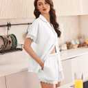 Ekouaer Women Lace Satin Pajama Set Button Down Silk Pjs Shorts Set XS-XXL | Bride Bridesmaids Getting Ready Outfits, 2 Piece Silky Short Sleeve Sleepwear for Sleep, Lounge, Bridal Party, Wedding, Gifts (M)
