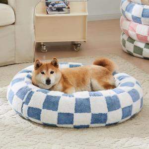 Ohocut Checkered Dog Bed, Cute Blue Retro Style Aesthetic Round Warming Pet Calming Beds for Small Dog and Cats, Plush Cozy Donut Dog Beds Washable, 30" L x 24" W x 8" Th