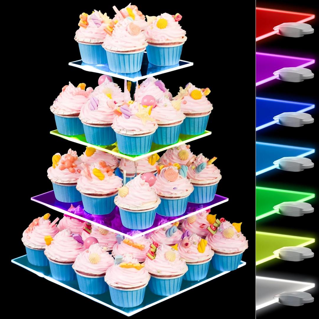 Cupcake Stand with Rechargeable Light - 4 Tiered Cupcake Tower Tree - Clear Cupcake Holder for 52 Cupcakes - Led Dessert Pastry Display Stand for Parties, Celebrations, and Events