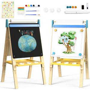 Art Easel for Kids 12 in 1 with Chalkboard & Magnetic Whiteboard - Height Adjustable, Frameless Design, Includes Paints, Brushes, Markers, Chalk, Eraser, Magnetic Letters, Paper Roll, and Storage Tray