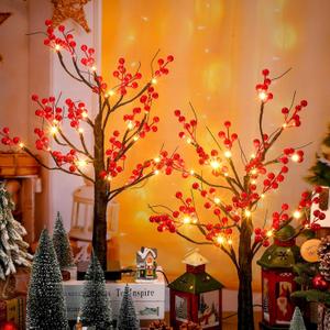 Realspring 2 Pcs Chinese New Year Lighted Tree 24 LED Lighted Mini Birch Tree Chinese New Year Tabletop Table Decoration Red Festival Money Decor, Operated by Battery