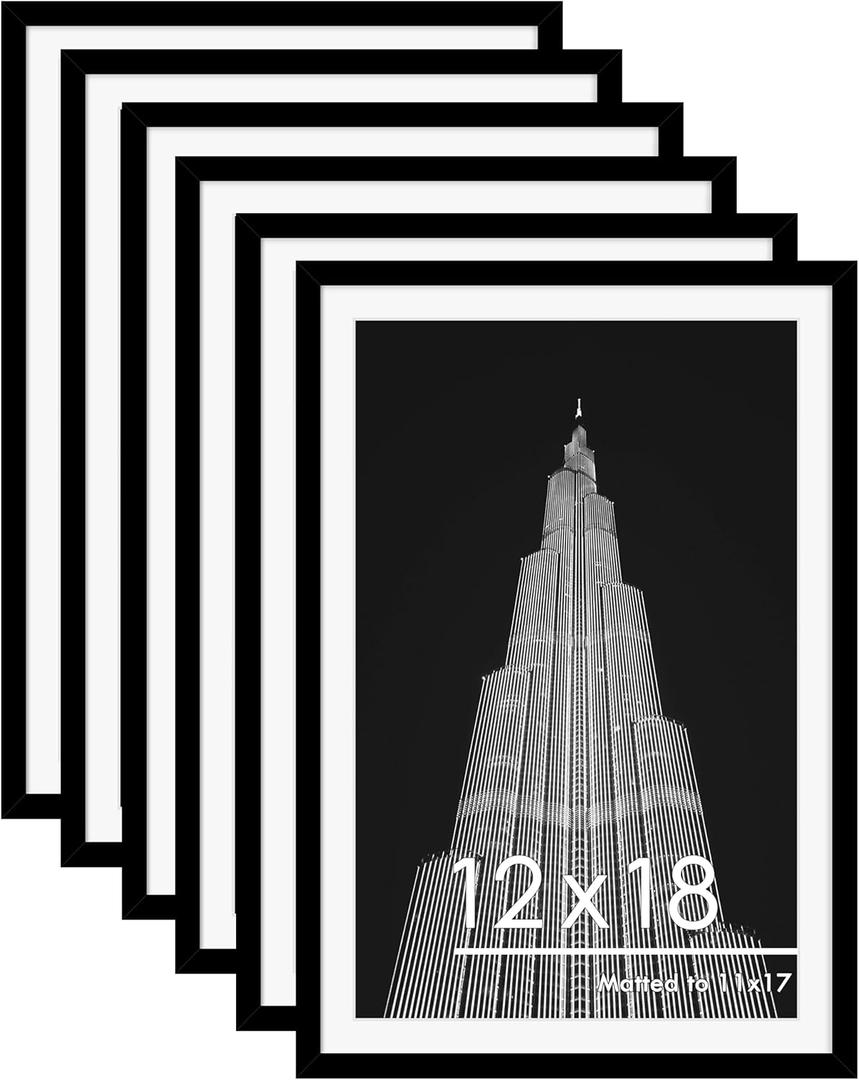 PEALSN 12x18 Picture Frame Set of 6, Display Pictures 11x17 with Mat or 12x18 without Mat for Wall Mounting Display, Poster Frames Collage for Wall Decor, Black.