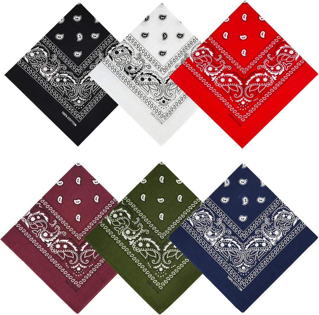 100% Cotton Bandanas, 21 x 21 inches, Set of 6 (Basic - Dark Colors)