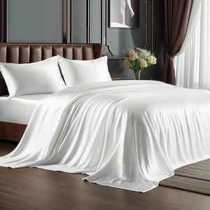 BEDELITE King Size Sheets Set, Luxury Soft White Satin Sheets for Hair and Skin, Similar to Silk Bed Sheets Set 4 Pieces with 1 Deep Pocket Fitted Sheet, 1 Flat Sheet, and 2 Pillowcases