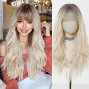 Esmee 26 Inches Long Blonde Wig with Bangs Natural Synthetic Hair Ombre Blonde Wavy Wig with Dark Roots for Women Daily Party Cosplay Wear