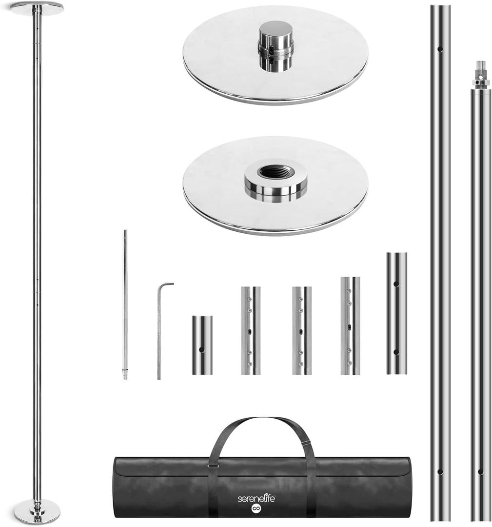 SereneLife 45mm Fitness Dance Pole  Static & Spinning Modes, Heavy-Duty Removable Pole for Strength, Cardio & Dance  Easy Assembly, No Drilling  Suitable for Home, Club, Gym, Party, Pub (All Included Silver)