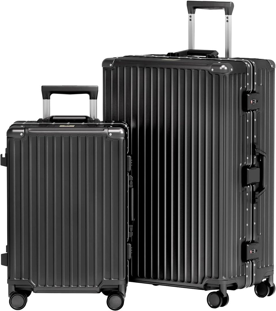 AnyZip Luggage Sets 2 Piece Aluminum Frame Carry On and Checked Suitcase PC ABS Hard Shell TSA Lock No Zipper(Black, 20/28) (2 SET(Upgraded TSA Lock), Black)