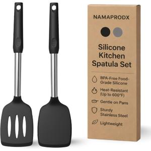 Silicone Spatula Set (2-Pc) - 600F Heat Resistant, BPA-Free, Non-Scratch, Dishwasher Safe I Slotted & Solid Kitchen Spatula Turner I Ideal for Eggs, Pancakes, Fish I Stainless Steel I Black