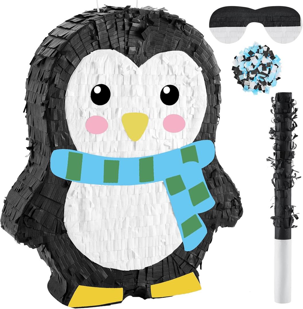 Lewtemi 15.1 Inch Penguin Piata Penguin Supplies Candy Animal Piata with Stick Confetti and Blindfold Gift for Boy Girl Adult Winter Theme Birthday Party Supplies Decorations (Classic)