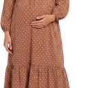 Motherhood Maternity Women's V-Neck Long Puff Sleeve Ruffle Midi Pregnancy Dress