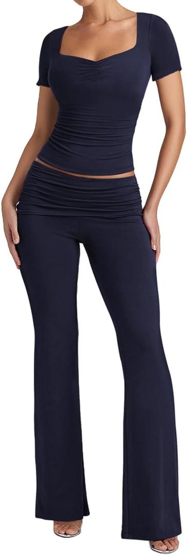 Lrady Womens 2 Piece Outfits Lounge Sets Lightweight Comfy Slim Crop Tops Fold Over Flare Pants Tracksuits