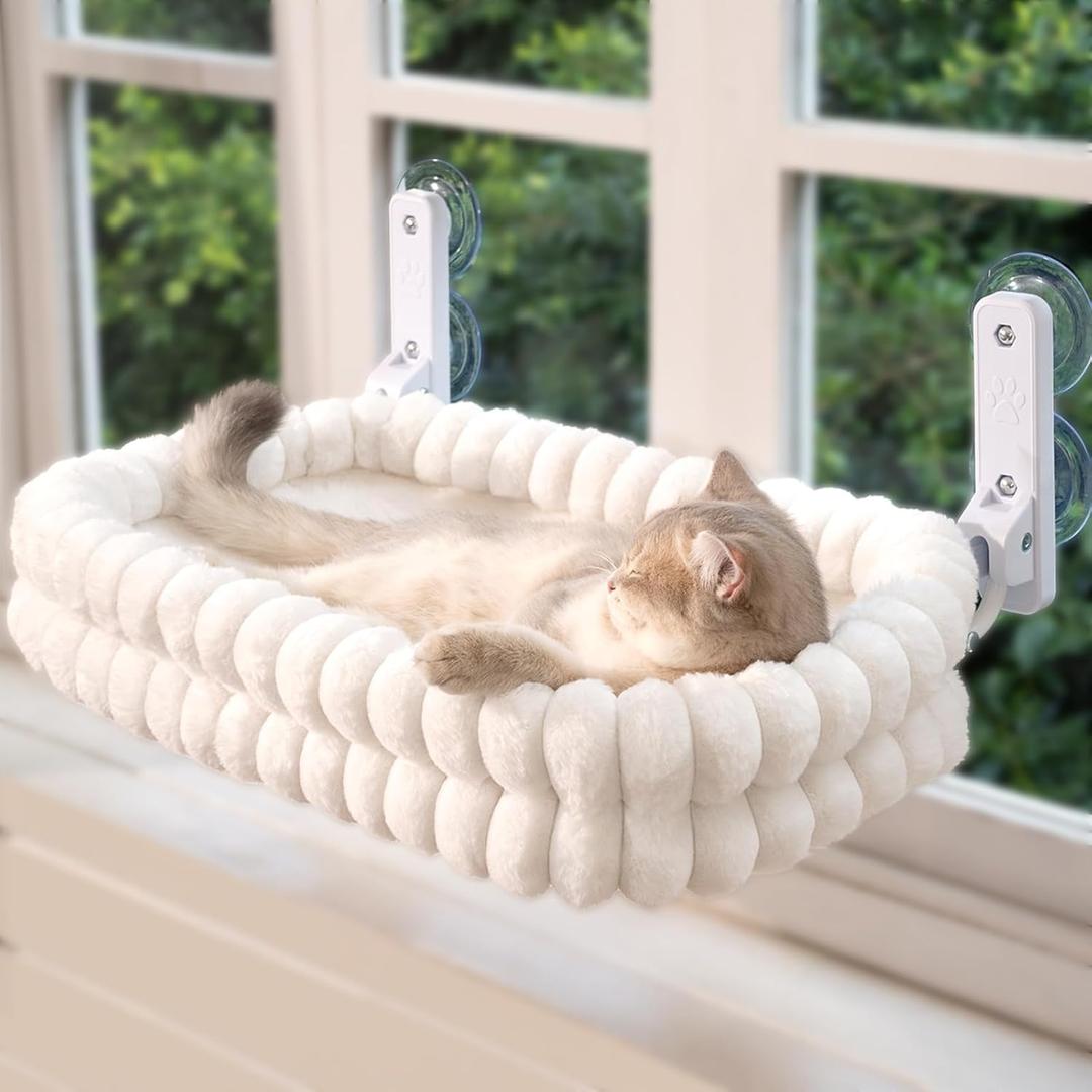 CHEERPALS Cat Window Perch for Indoor Cats Hammock for Window with Reversible Cushion, Foldable Cat Window Bed for Large Cats and Kittens(White, Medium)