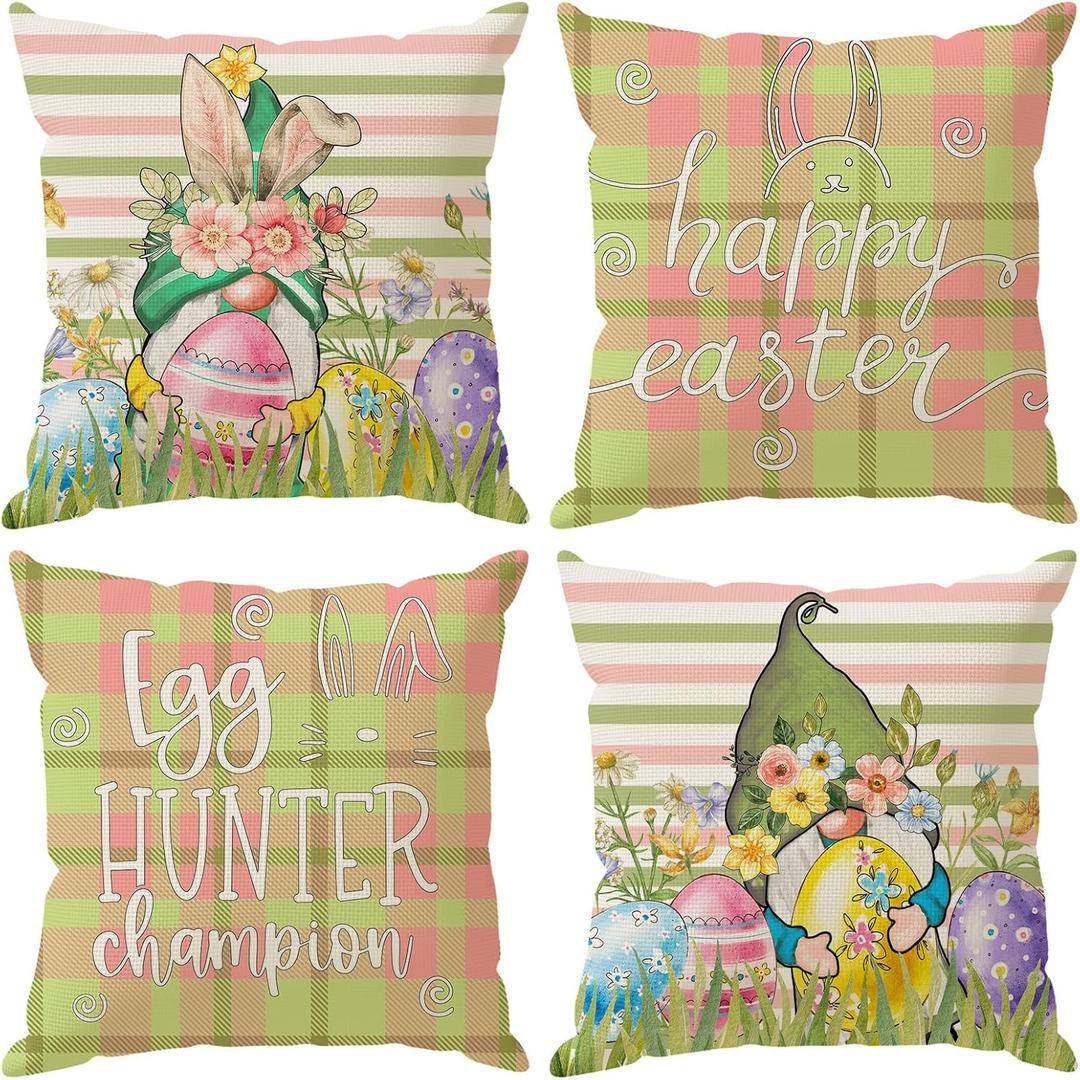 Happy Easter Gnomes Bunny Ears Eggs Easter Pillow Covers Throw Pillow Cases Set of 4 Decorations for Farmhouse Home Sofa Couch Cushion Cover Party Holiday Decor 18x18 Inch