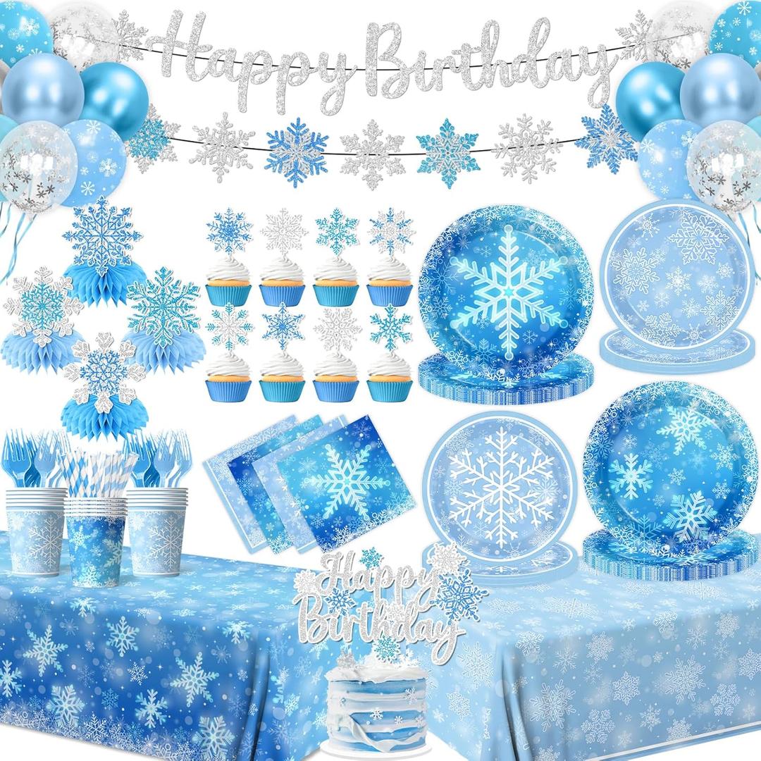 Winter Wonderland Birthday Decorations, Winter Party Decorations includes Snowflake Paper Plates Napkins and Cups, Snowflake Plates and Napkins for Holidays Christmas Birthday Party Supplies