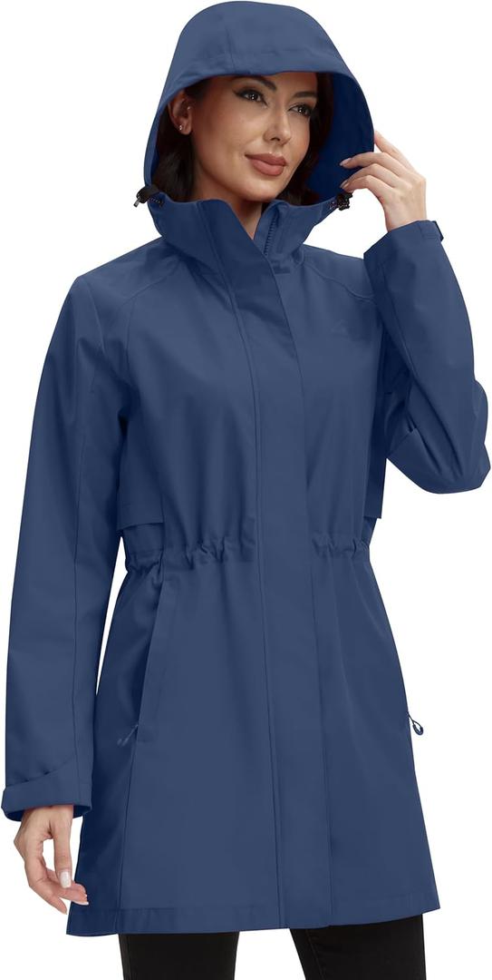 ATLASLAVA Rain Jacket Women Waterproof Long Raincoat Hood Lightweight Windbreaker Outdoor Coat XL