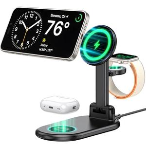 Magnetic Wireless Charger Mag-Safe 3 in 1 Charging Station,15W Max Foldable Wireless Charging Stand for iPhone 17/16/15/14/13/12, Fast Travel Charger for Multiple Devices iWatch Airpods (Black)
