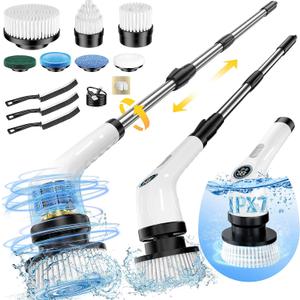 Electric Spin Scrubber, Full-Body IPX7 Waterproof Cordless Power Cleaning Brush with Adjustable Extension Handle, 2-Speed Shower Scrubber with 7 Replaceable Brush Heads for Bathroom, Kitchen Cleaning (Black White)
