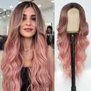 2 Pack NAYOO Long Pink Wavy Wig Middle Part for Women 26 Inch Light Pink Curly Wavy Wigs Natural Looking Synthetic Heat Resistant Fiber Wig for Daily Party Use 
