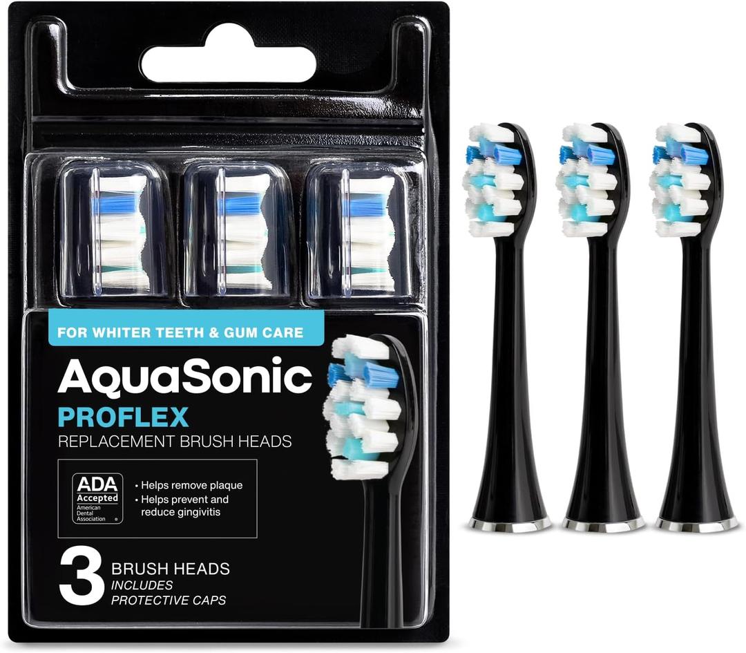 AquaSonic Genuine Proflex Replacement Brush Heads | ADA Accepted | for Whiter Teeth & Gum Care | Compatible with Many AquaSonic Toothbrush Handles (3 Pack Black)