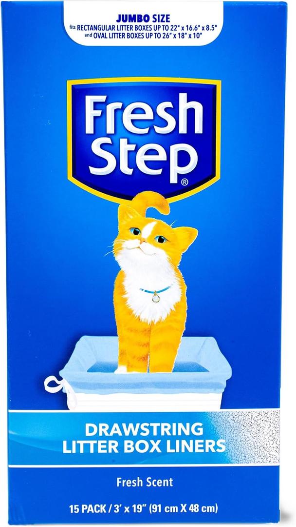 Fresh Step Drawstring Cat Litter Box Liners, Fresh Scent - Kitty Litter Bags for Rectangle or Oval Large Litterboxes, Size Jumbo, 36" x 19" - 15 Count