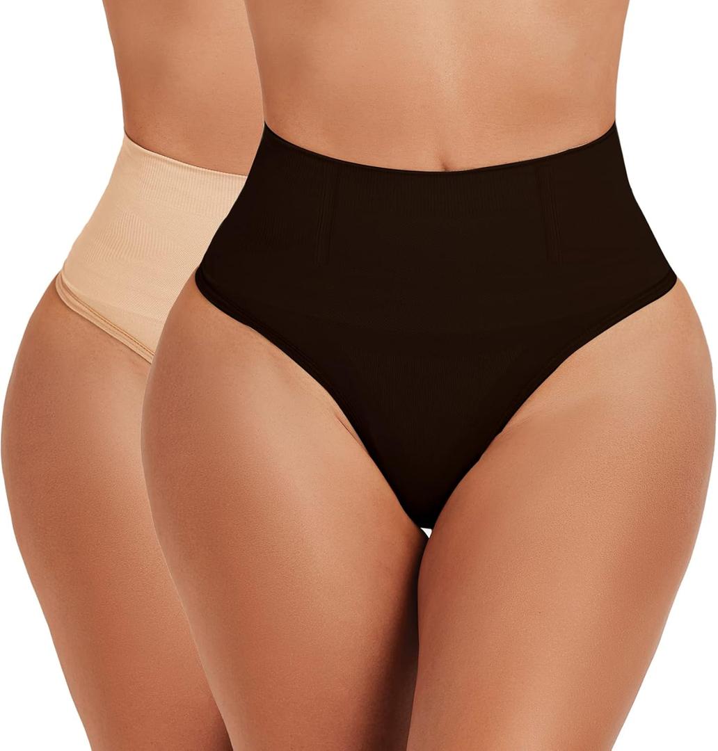 Thong Shapewear for Women Tummy Control Underwear Girdle Seamless Body Shaper High Waist Shaping Panties (Small, Black and Beige)