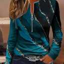 Womens Long Sleeve Tops Crew Neck Zipper Down Contrast Color Striped T Shirts Casual Work Fashion Tunics Blouses Tee (Blue, M)