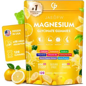 Magnesium Glycinate Gummies 1000mg – High Absorption Magnesium Complex with CoQ10, Vitamin D3 & B6 – Sugar Free Magnesium Gummies for zzZ, Focus & Relaxation, for Women, Men & Kids Lemon