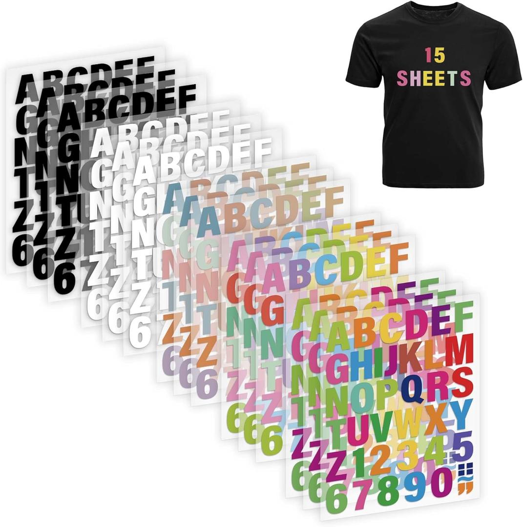 Iron on Letters for Clothing - 15 Sheets, 645 Pieces Multiple Colors PU Heat Transfer Vinyl, 2 Inch Alphabet & Numbers Stickers for T-Shirts, Easy DIY - A-Z & 0-9, Perfect for Fabric Crafting