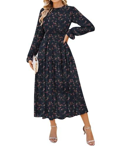 GRACE KARIN Women's Long Sleeve Maxi Dress Fall 2025 Chiffon Flowy Wedding Guest Dresses Floral Tiered Dress Black, L