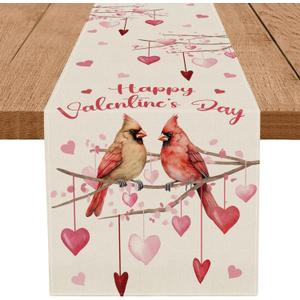Happy Valentines Day Table Runner Cardinal Bird Love Hearts Kitchen Dining Table Holiday Anniversary Indoor Home Party Decorations 13x72 Inch