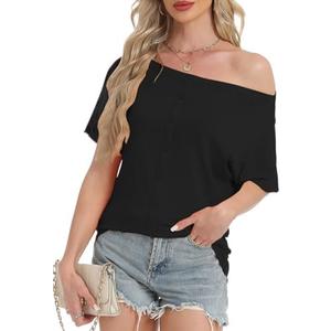 Eniloyal Womens Off Shoulder Button Down Tops Summer Trendy Short Sleeve Loose Batwing Shirts Oversized Blouse Tunic, Black, L