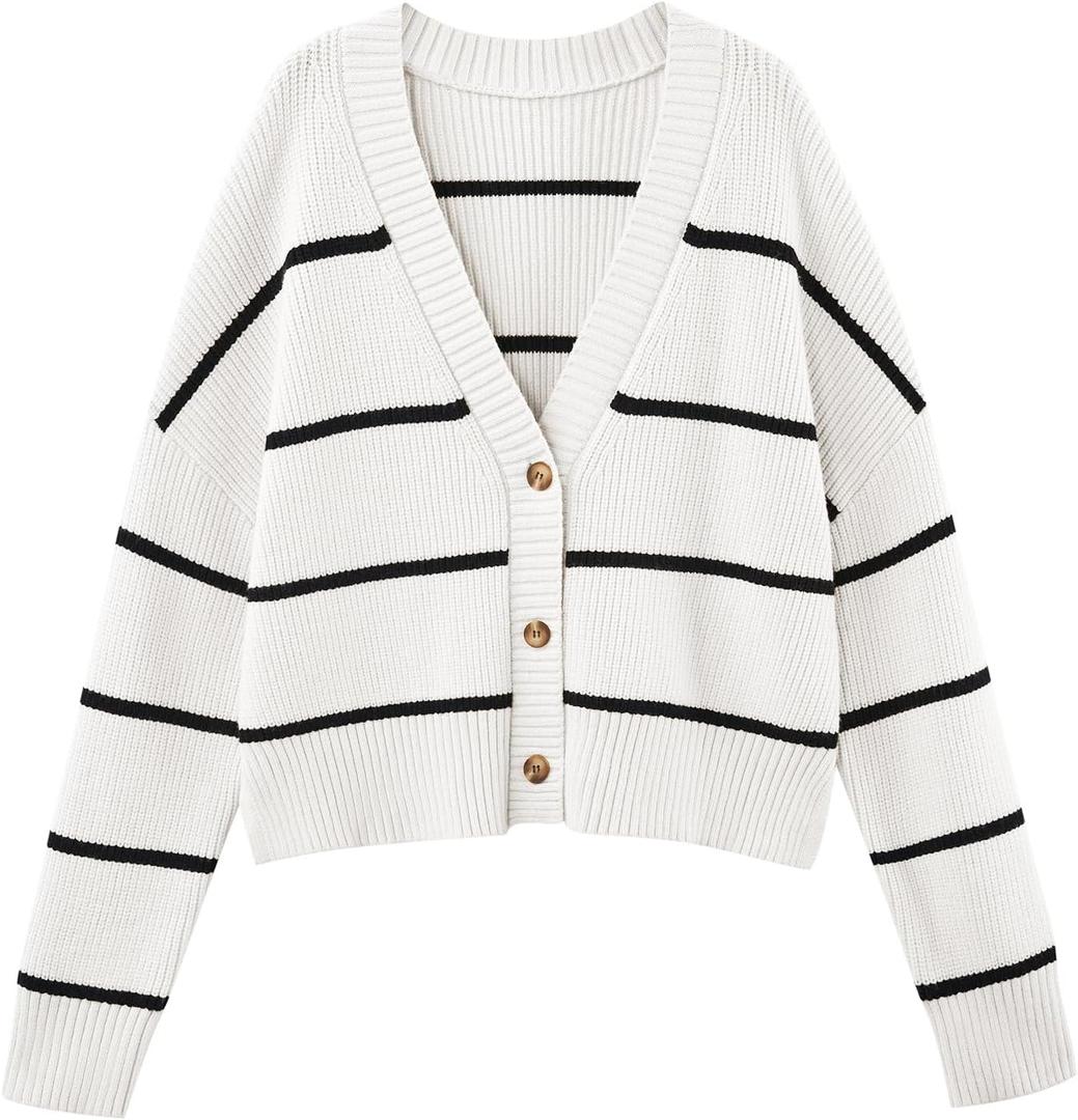 LILLUSORY Women's Cropped Cardigan Oversized Button Sweaters 2025 Fall Trendy Knit Dressy Fashion Outfits Stripes White M