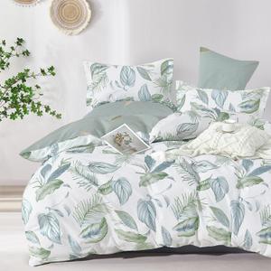 LEMIROE Botanical Cotton Comforter Queen Size - Sage Green Comforter Printed with Leaves & Ferns on White,Reversible Lightweight Bedding Sets 3Pcs(Leaves,90"90")