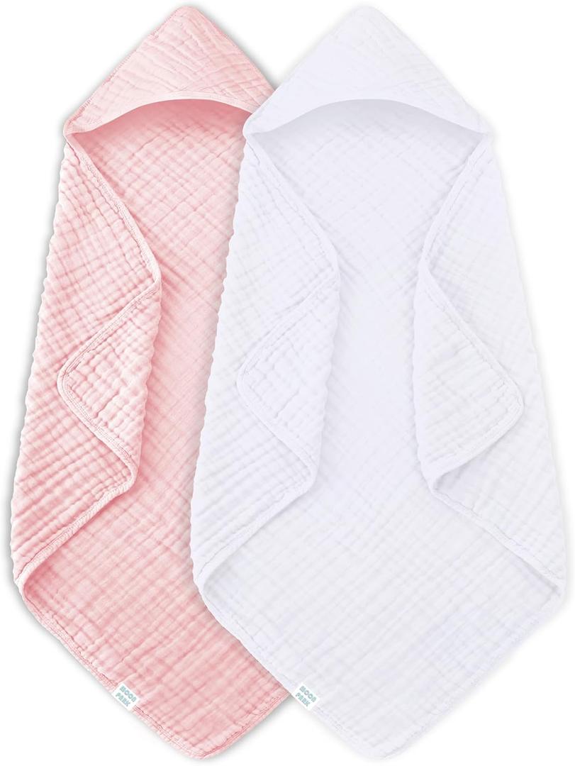 MOON PARK 2 Pack Muslin Hooded Baby Bath Towels for Newborns, Infants, Toddlers - 100% Cotton - Large 32x32Inch Size - Highly Absorbent and Essential, White and Pink