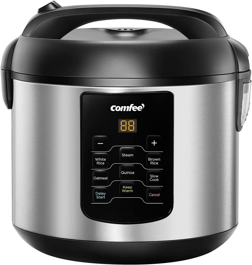 COMFEE' Compact Rice Cooker, 6-in-1 Stainless Steel Multi Cooker, Slow Cooker, Steamer, Saute, and Warmer, 2 QT, 8 Cups Cooked(4 Cups Uncooked), Brown Rice, Quinoa and Oatmeal, 6 One-Touch Programs (Basic_4 Cups Uncooked)