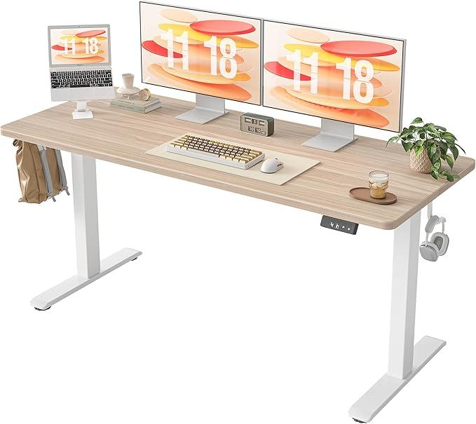 TIQLAB Electric Standing Desk, Adjustable Height Stand up Desk, 55 * 28 Inches Sit Stand Home Office Table with Splice Board,Light Walnut